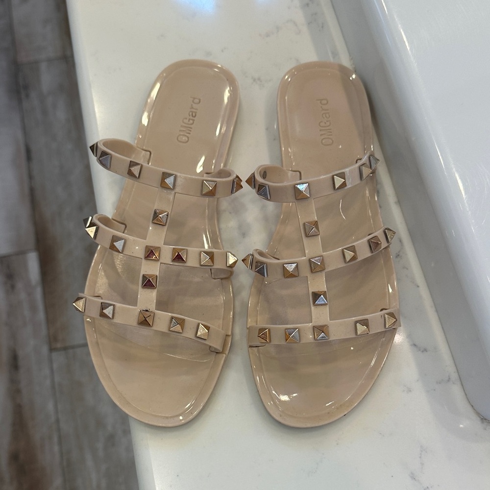 Beige Studded Slide Sandals - Women's Nude Patent Slides